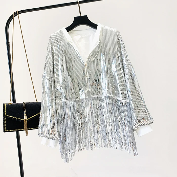Chaquetas Mujer, Весенняя уличная куртка с серебряными пайетками, женская укороченная куртка с рукавами-фонариками и кисточками, свободное Черное короткое пальто с рукавами «летучая мышь»