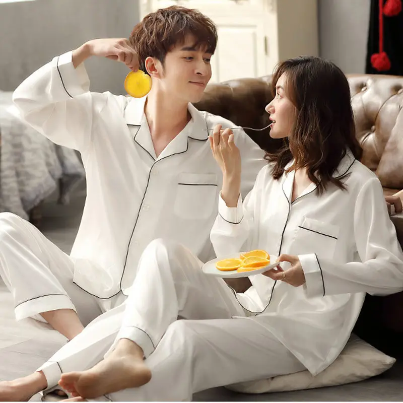 New Hot Couple Pajamas for Lovers Spring and Autumn Long-sleeved Couple Pajamas Women Cute Thin Ice Silk Men's Silk Home Service mens silk pajamas