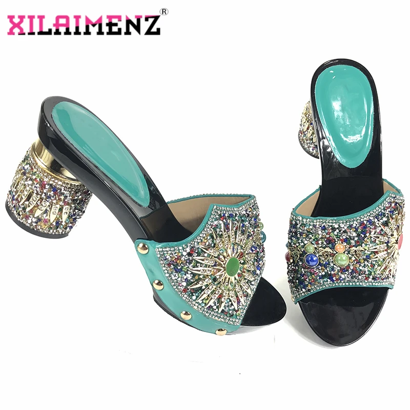 

Popular Nigerian Style Official Ladies Shoes Ins Hot Selling Italian Slipper Wiht Shinning Crystal in Teal Color For Royal Party