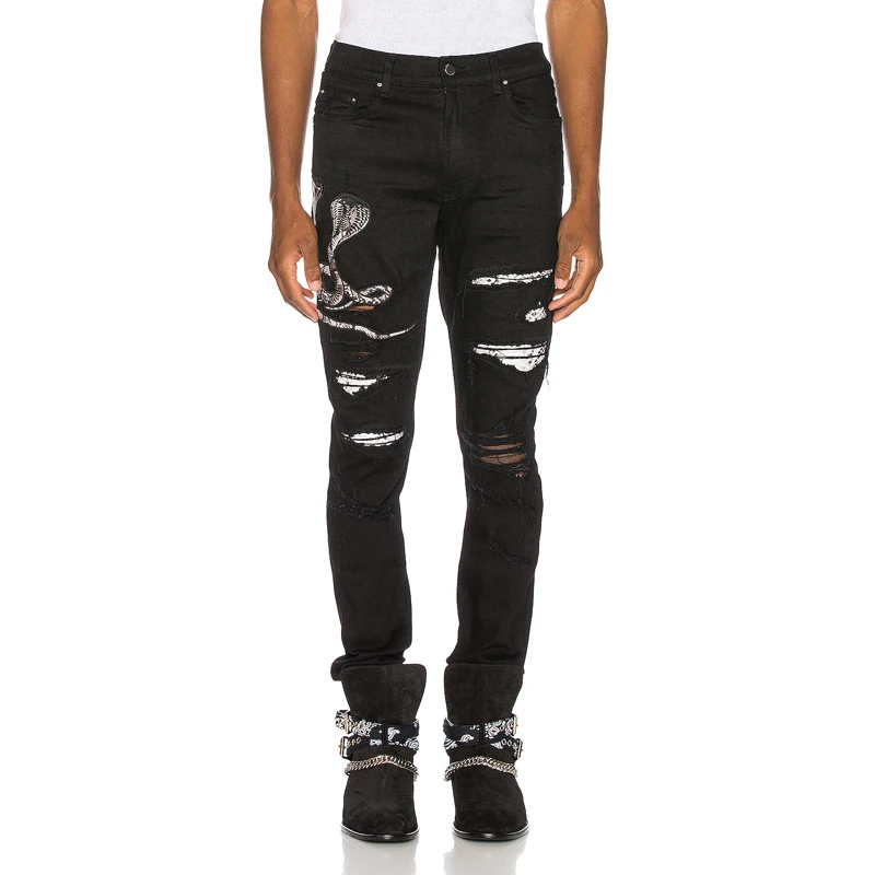 Fashion Streetwear Men Jeans High Quality Elastic Ripped Jeans Men Stretch Punk Pants Cobra Patches Designer Hip Hop Jeans Homme