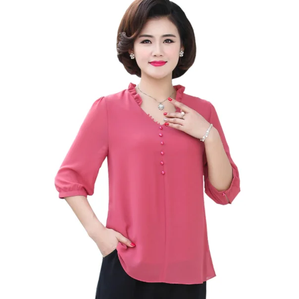Camisa de шифоновая элегантная женская рубашка летняя новая гофрированная с v-образным вырезом размера плюс средний возраст мать Половина рукава Топы футболки DG566
