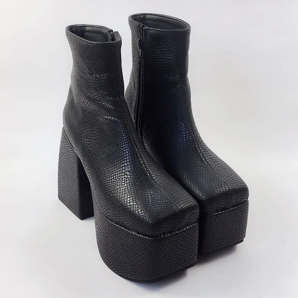 

Fashion Strange Heels Woman Boots Black Snakeskin Leather Thick Heels Riding Boots Punk Style Square Toe Ankle Boots