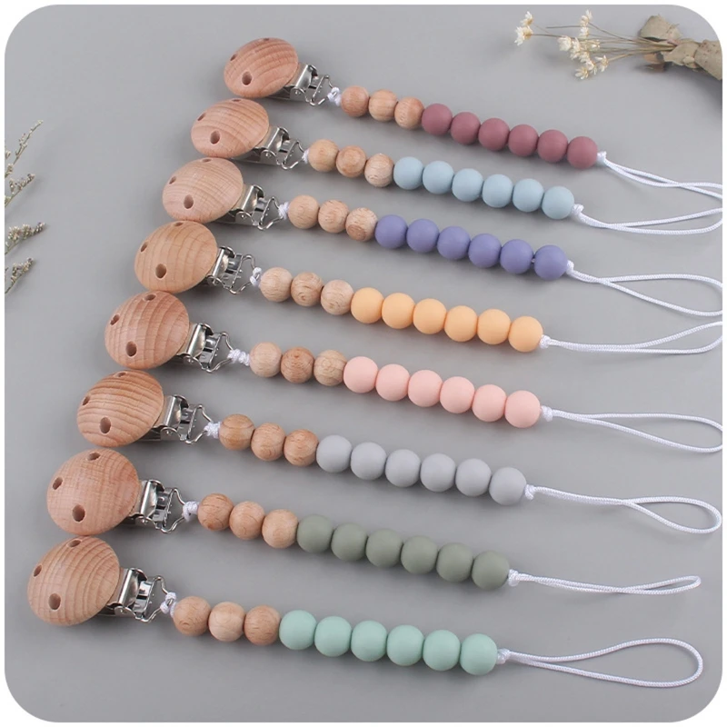Baby Pacifier Clip Chain Holder Wood Silicone Beads Nipple Dummy Chew Toy Gift 