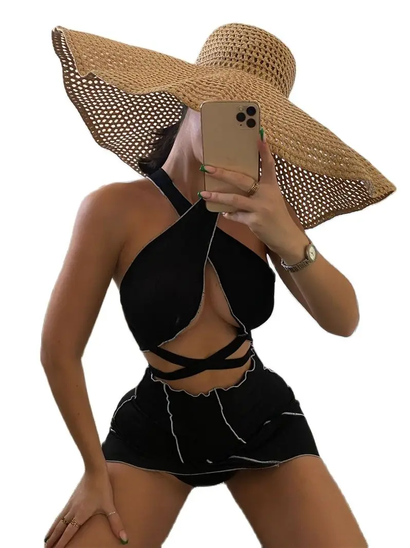 

Новинка 2022, купальник-тройка, бандажный черный купальник, сексуальный комплект бикини, женский купальный костюм, пляжная одежда, женские купальники с лямкой на шее