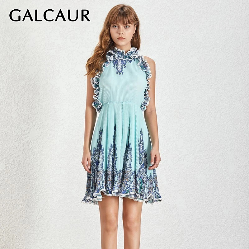 GALCAUR, сексуальное мини женское платье с бретелькой через шею, без рукавов, с открытыми плечами, с оборками, весеннее платье трапециевидной формы с принтом, Женская мода, одежда