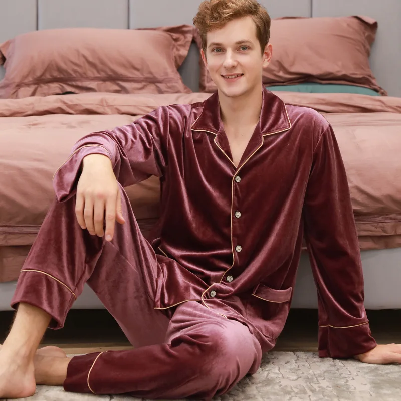 Jujube Red M Парные пижамы, осень, золотые бархатные Модные женские пижамы с длинным рукавом, свободные мужские пижамные комплекты размера плюс, домашняя одежда - Цвет: Jujube Red M