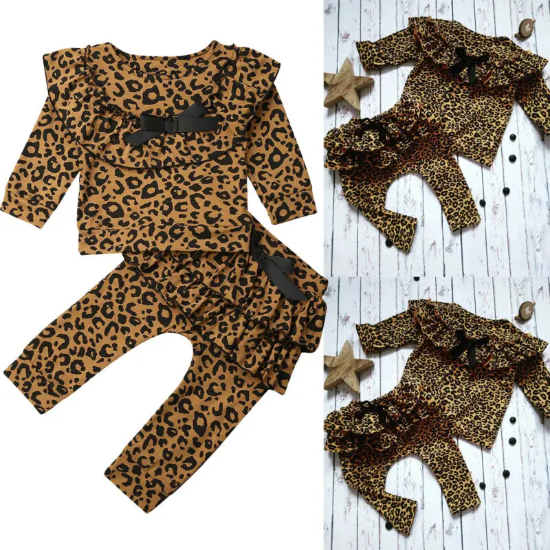 Toddler Baby Girl Leopard Bowknot Clothes Ruffle Tops Leggings Pants Outfits Set