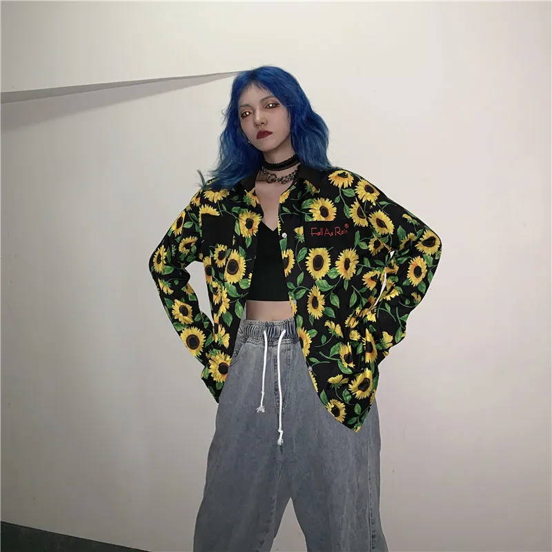 Neploe Harajuku уличная блузка рубашка с принтом подсолнухов с длинным рукавом повседневные блузы корейские женские топы большого размера с галстуком 55895