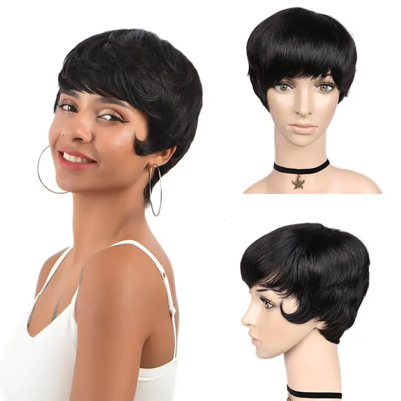 FAVE парик с короткими волосами Pixie Cut парик бразильский Remy человеческих волос парики для женщин океан волнистый парик высокой плотности дропшиппинг приемлемый - Цвет волос: Natural Black