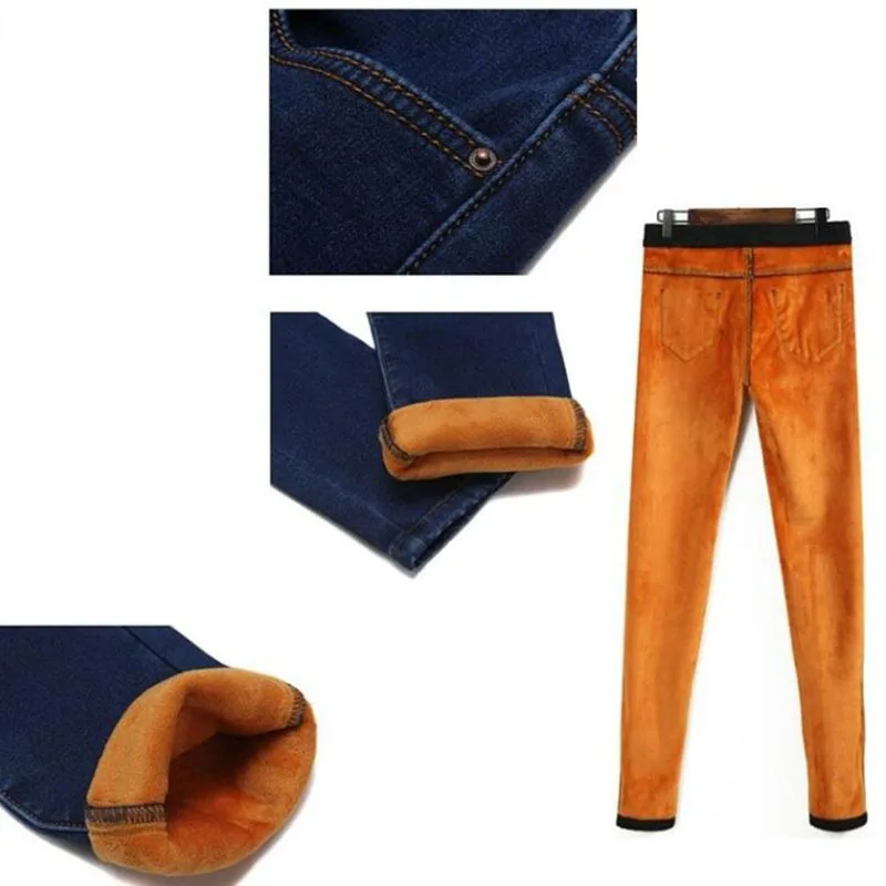 Winter high waist jeans women Thick warm stretch skinny pencil pants Female Simple casual black plus size trousers