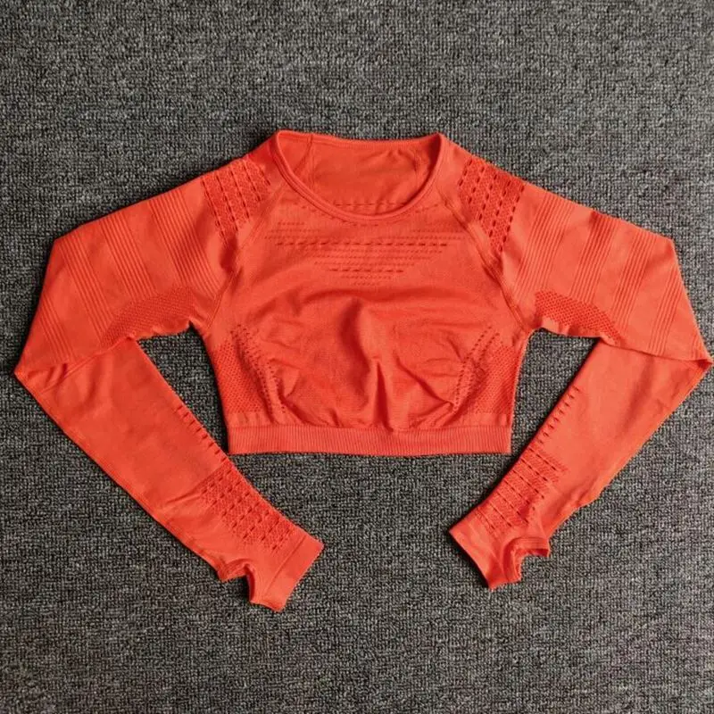 Новые горячие женские бесшовные полые сетчатые спортивные рубашки для йоги топы с длинными рукавами энергетическая Йога Спорт фитнес тренажерный зал тренировки футболки - Цвет: Оранжевый