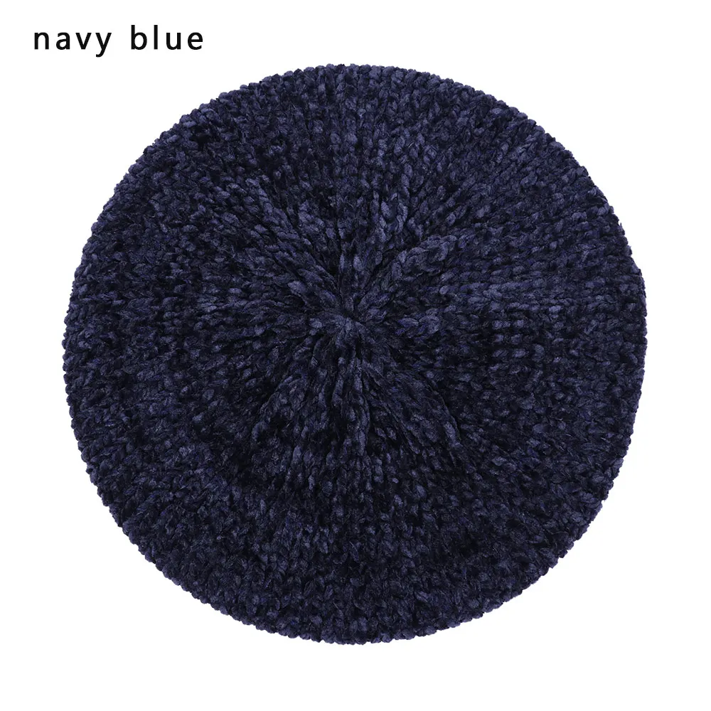 navy blue Новинка, женский простой классический шениловый Повседневный вязаный дышащий берет, тонкие акриловые береты для женщин, женский берет, теплая шапка - Цвет: navy blue