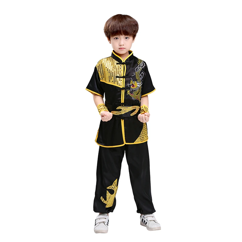 Children Chinese Traditional Style Clothing Set Sequin Dragon Embroidery Long&Short Performance Tai Chi Kung Fu Uniforms Chinese Traditional Costume