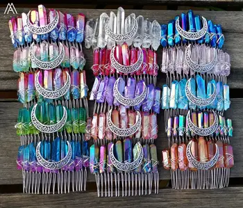

5PCS Silvery Moon Combs Witch Jewelry Natural Quartz Crystal Stick Point Hair Combs Headband For Women Crystal Hair Jewelry