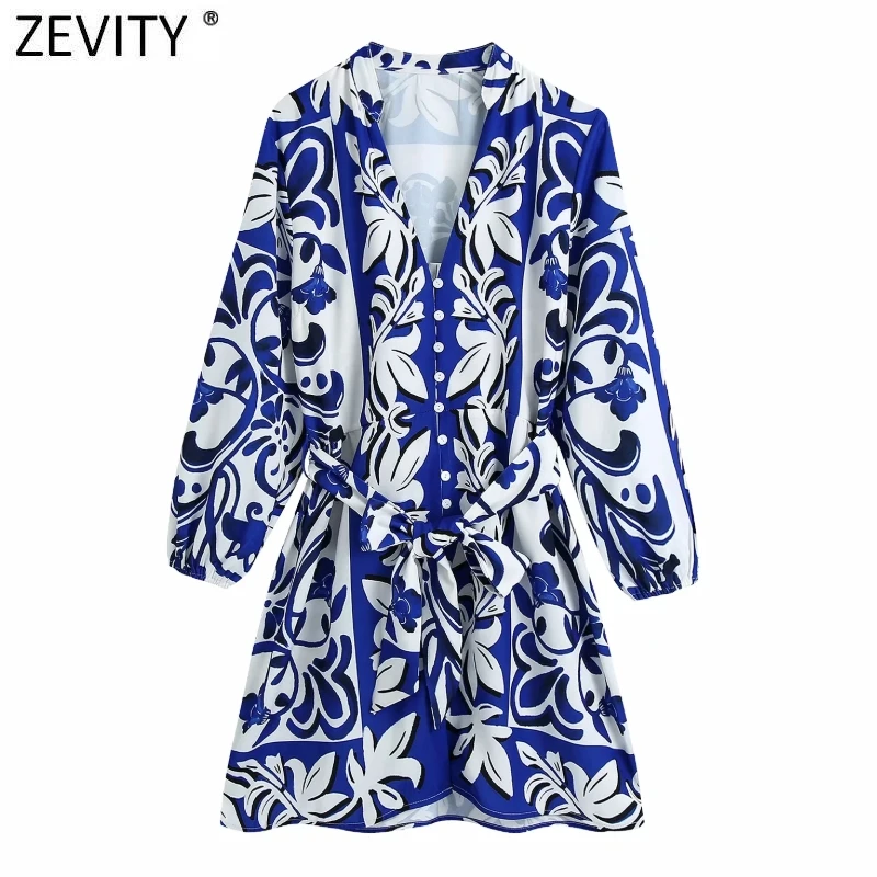 Zevity Women Vintage V Neck Blue Totem Floral Print Shirt Dress Chic Female Single Breasted Sashes Casual Mini Vestido DS8655