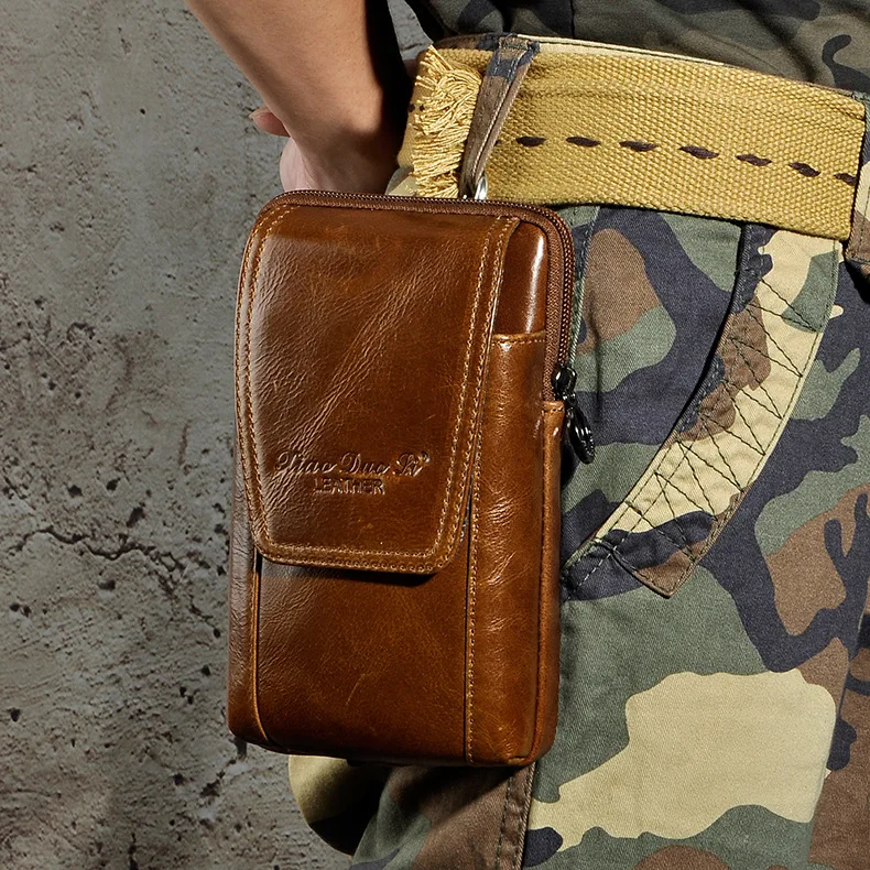 

First Layer Horse Leather Genuine Leather Men Fashion Cool Mobile Phone Camera Outdoor 7-Inch with Hook Small Waist Pack 9265