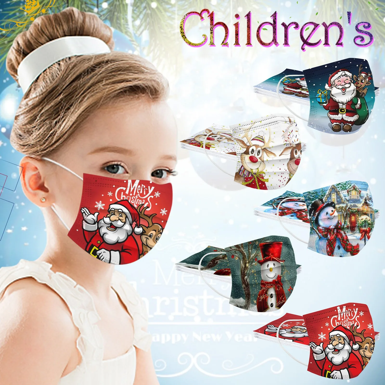 10pc Disposable Christmas Kids Mask Cartoon Santa Claus Face 3ply Ear Loop Print Mascarillas Halloween Cosplay Masque | Тематическая