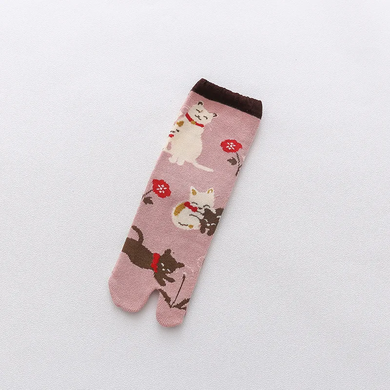 YOOWALK/Хлопковые носки с двумя носками и изображением животных из мультфильма «Кот»; пара носков с раздельным носком; японские носки с двумя пальцами; носки tabi - Цвет: Розовый