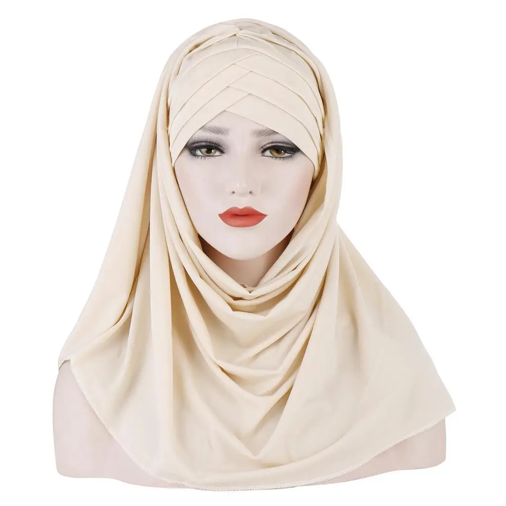 Арабский мусульманский женский шапка под хиджаб спереди обёртывать накрест повязка на голову покрытие для выпадения волос исламский тюрбан шарфы платки женский головной убор Дубай - Цвет: Бежевый