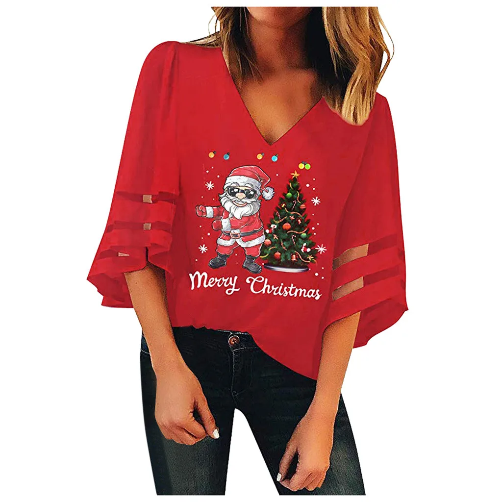 Рождественский сетчатый Топ для женщин, новинка, рукав-труба, v-образный вырез, свободный Рождественский топ для праздника, вечеринки, женская футболка, Camiseta Mujer