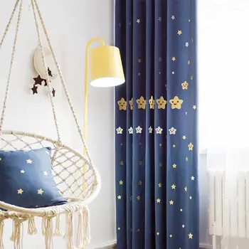 

Children's Curtain for Bedroom High Shading Cartoon Stars Blue Curtain Cute Kindergarten Embroidered Curtains for Living Room