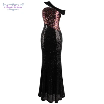

Angel-fashions Women's One Shoulder Pleated Sequin Maxi Mermaid Formal Prom Gown Evening Dresses Black W-191219-S