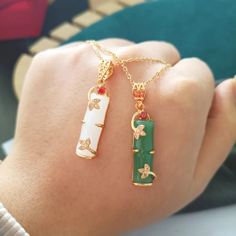 

2021 Ethnic Stainless Steel Chain Necklaces Bridal Jewelry for Women Natural White Green Bamboo Opal Pendant Flower Leaf Zircon