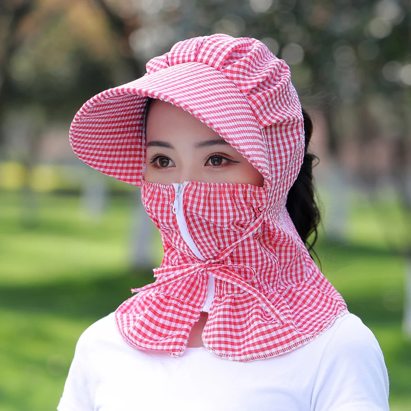 

HT3004 New Fashion Multifunction Plaid Summer Hat Outdoor Riding Hunting Cap Lady Anti-UV Sun Hat Women Wide Brim Sun Visor Cap