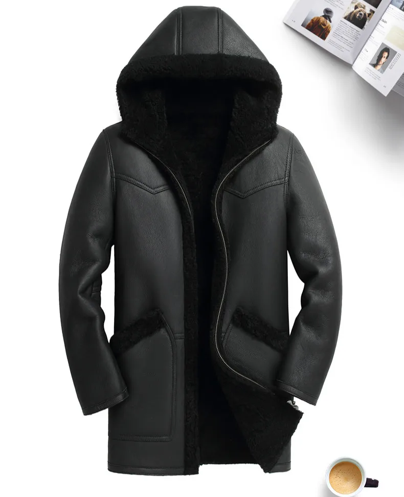 High Quality Fur one Men's Leather Jacket Hooded Genuine Leather Coat Men Winter Long Black Sheepskin Jackets