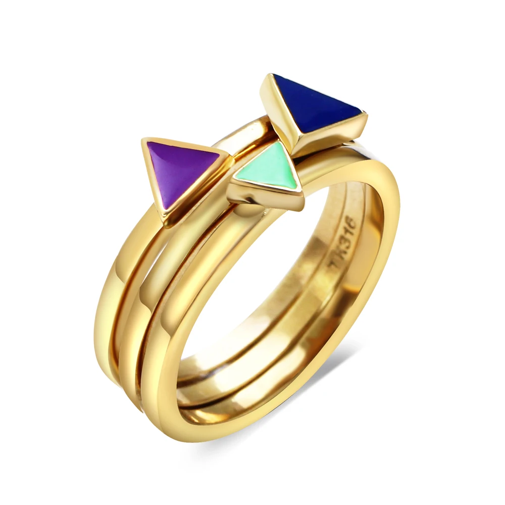 

3 pcs ring sets 316L Stainless steel Jewelry Color Epoxy Gold color Lovely Rings Female OL Triangle shape Jewellery