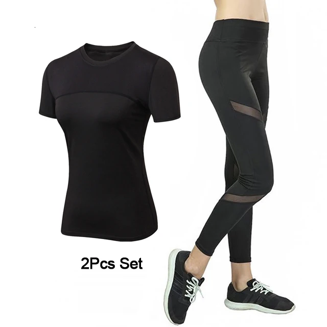Black 2pcs set Быстросохнущая сетчатая спортивная одежда, женский спортивный костюм, 2 предмета, одежда для спортзала, йоги, сетчатый спортивный костюм для фитнеса, Женский Топ, леггинсы, Женский комплект для йоги s - Цвет: Black 2pcs set
