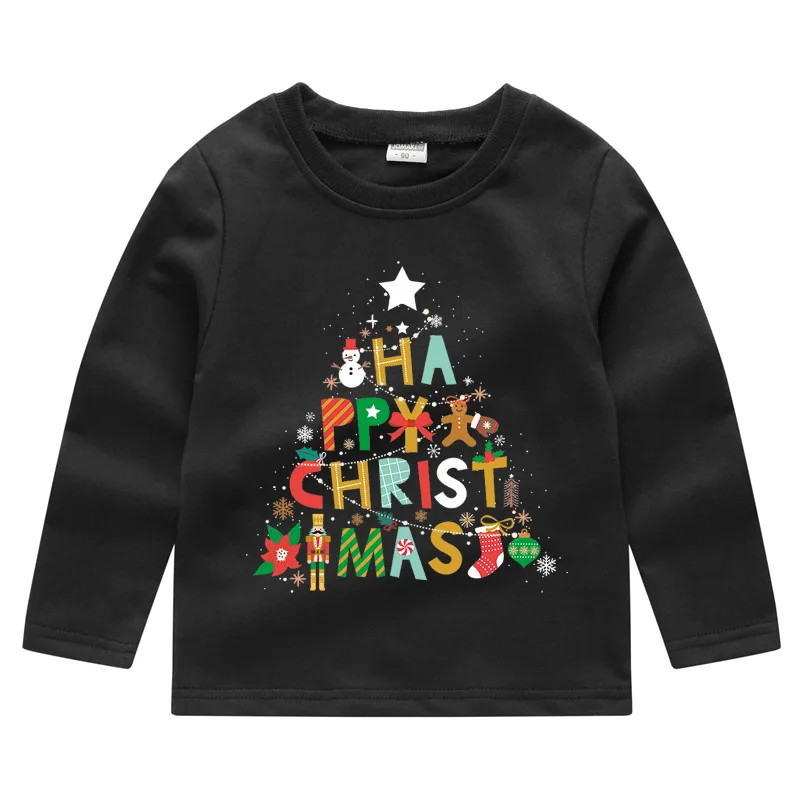От 2 до 7 лет, весенне-Осенняя детская футболка с длинным рукавом для мальчиков, детская одежда с рождественским Сантой футболки для девочек Одежда для мальчиков - Цвет: FT062-Black