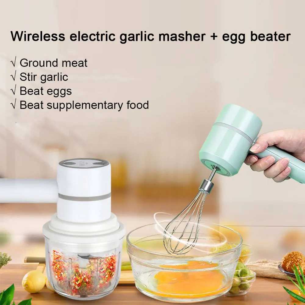 Usb 2 In 1 Wireless Electric Garlic Chopper Whisk Egg Beater With Stirring Rods Kitchen Handheld Mixer