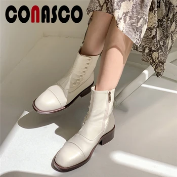 

CONASCO 2020 Office Lady Autumn Winter Ankle Boots For Women New Button Shoes Woman Concise Genuine Leather Thick Heels Boots