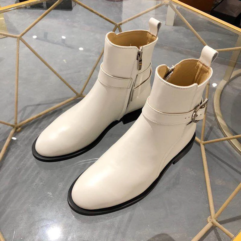 

Vibsterimma High Quality White Leather Logo Ankle Boots Women Genuine Leather Zip Booties Lady Martin Lace Up Boots