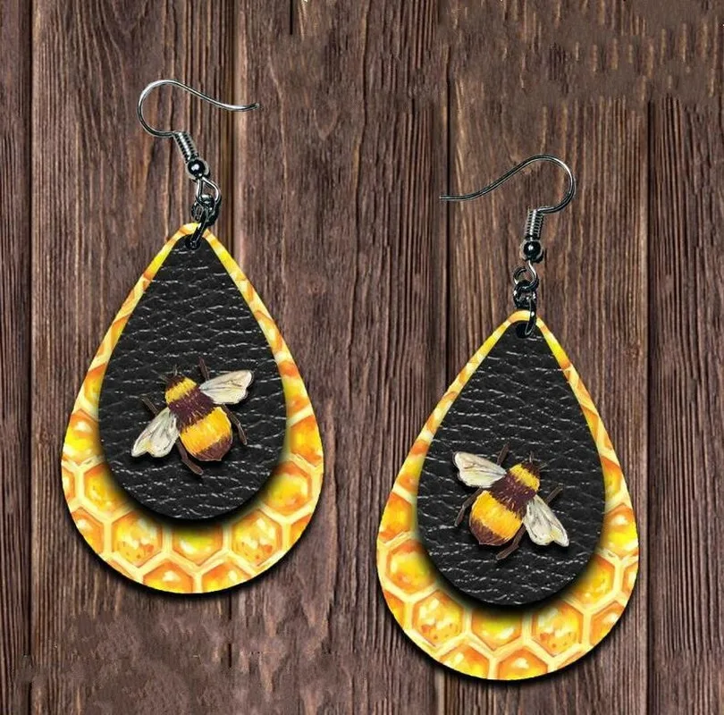 Горячая Распродажа кожа серьги двухслойная 3D пчелы из искусственной кожи