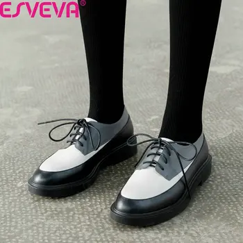 

ESVEVA 2020 Round Toe Square Low Heel Spring Autumn Ladies Single Shoes Mixed Color Cow Leather Lace Up Women Pumps Size 34-39