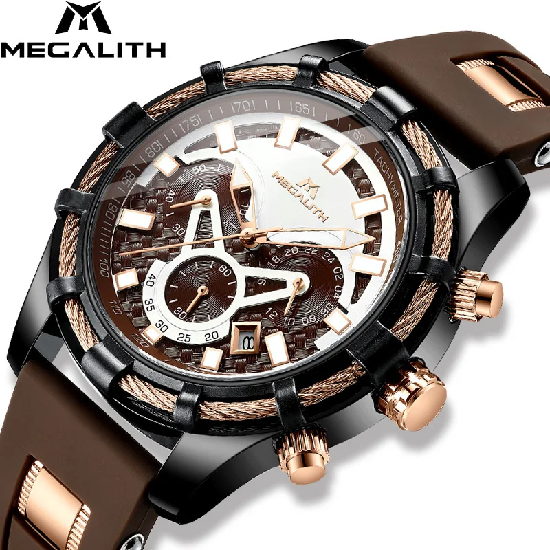 MEGALITH Механические Мужские часы мужские спортивные повседневные модные резиновые спортивные наручные часы водонепроницаемые часы коричневый Montre Hombre 8042