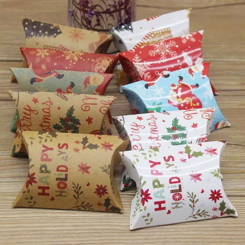 Lots Christmas Candy Box Gift Boxes Paper Kraft Pillow Bag Wedding Party Favor 