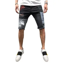 Summer New Men Printed Denim Shorts Ripped Classic Black Thin Section Fashion Slim Business Casual Jeans Shorts Male Hole Shorts