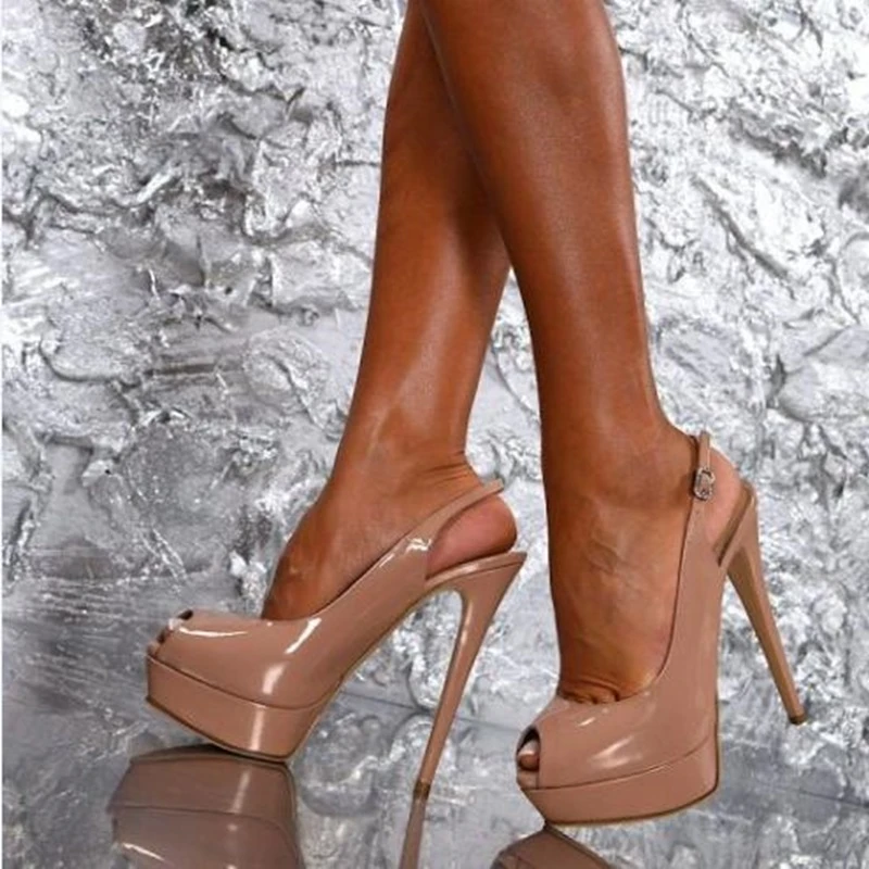 Sexy Nude Patent Leather Slingback Pumps 14cm Stiletto Heels Peep Toe Dress Shoes Party Heels Office Shoes|Women's Pumps| - AliExpress
