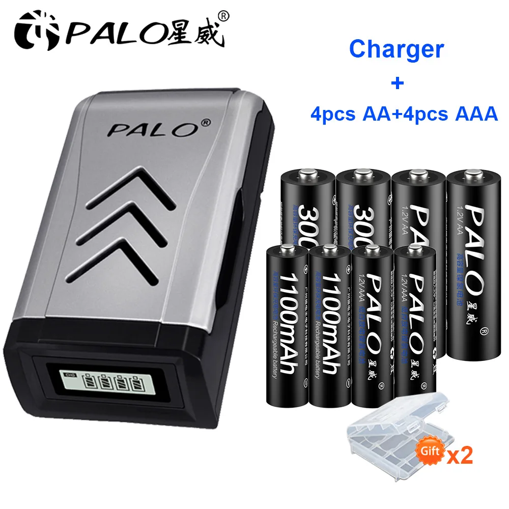 PALO 4 шт 1,2 V 3000mAh AA Аккумуляторы+ 4 шт 1100mAh AAA батареи Ni-MH AA AAA перезаряжаемые батареи для камеры игрушки - Цвет: 4AA4AAA and charger