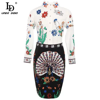 

LD LINDA DELLA Fashion Runway Vintage Skirt Sets Women's Autumn Long sleeves Printed Blouse and Slim Ladies Skirts 2 Pieces Suit