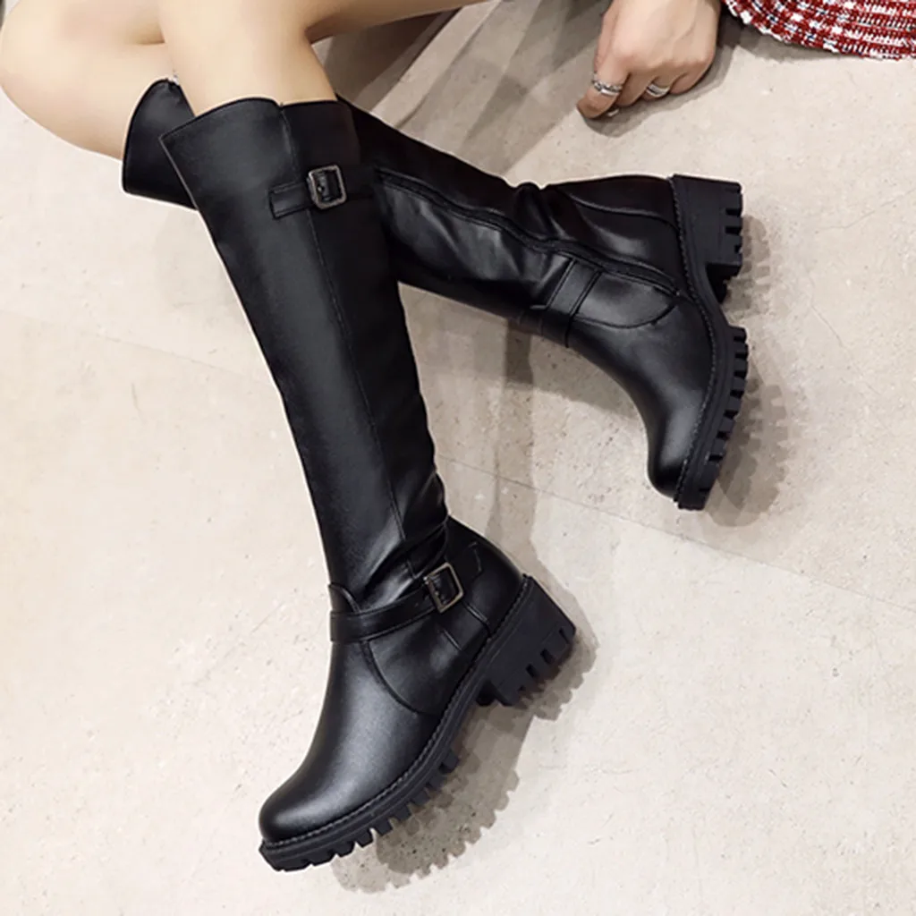 Fashion Knee-high Long Boots Pure Color Round Toe Zipper Keep Warm Snow Chunky Heels Buckle Strap Vintage Women | Обувь