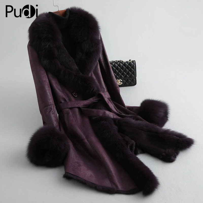 PUDI A89104 Женское пальто из полиэфирной ткани женский воротник из лисьего меха Подкладка из кроличьего меха для отдыха осень/зима шерстяная длинная верхняя одежда