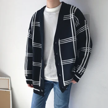 

Winter Thick Cardigan Men's Warm Fashion Retro Casual V-neck Knit Sweater Jacket Man Streetwear Wild Loose Plaid Sweater Male