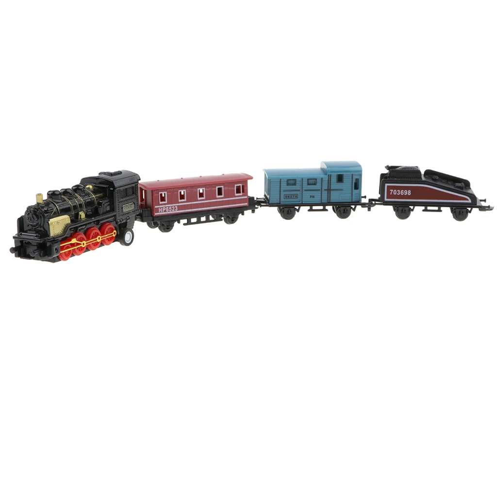 4Pcs Black Mini Steam Train Set, 1 Locomotive Engine and 3 Railway Carriages, Kids Toddler Fun Toy Collectibles