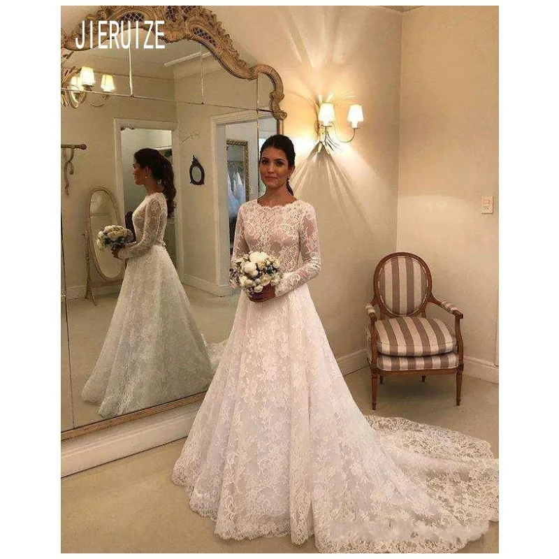 JIERUIZE Robe De Mariage кружевные свадебные платья с круглым вырезом и длинным рукавом, на пуговицах, с бантом, свадебное платье, платья невесты