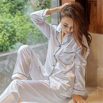

New Women Fashion Pajama Sets Smooth Comfort Solid Button Tops Pants Silk Satin Sleepwear Set Home Pajamas Autumn Nightwears