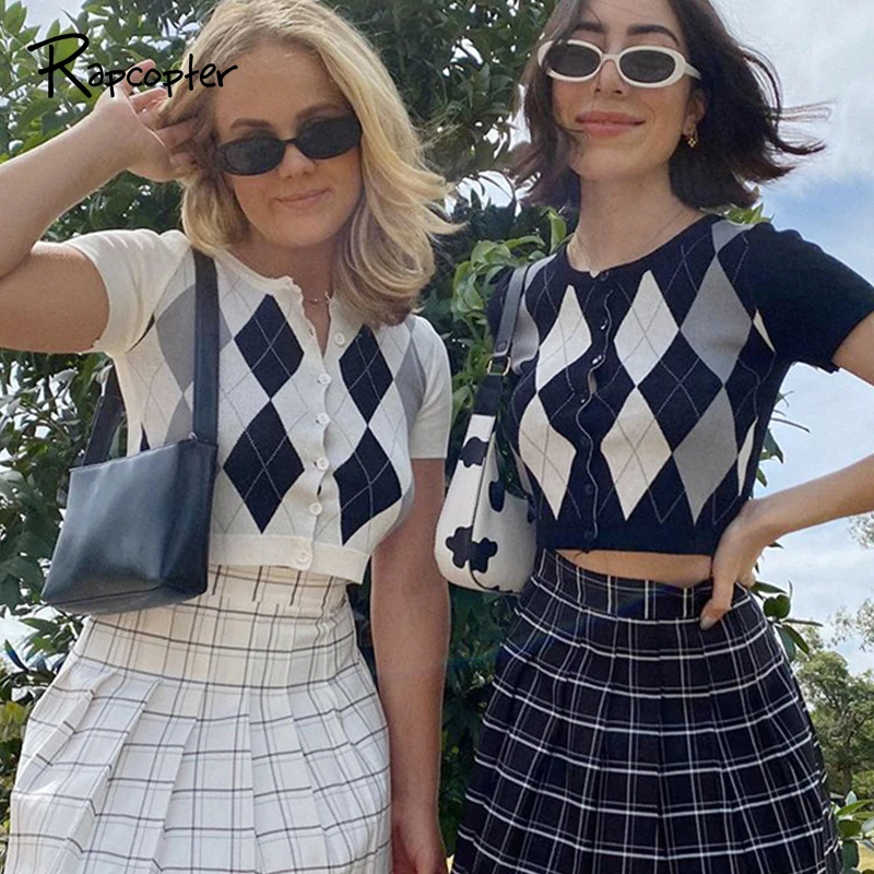 Rapcopter-cárdigans de punto con estampado de Argyle para mujer, suéteres Retro Y2K, suéteres de estilo Preppy, suéteres de manga corta, tops cortos de los mejores atuendos